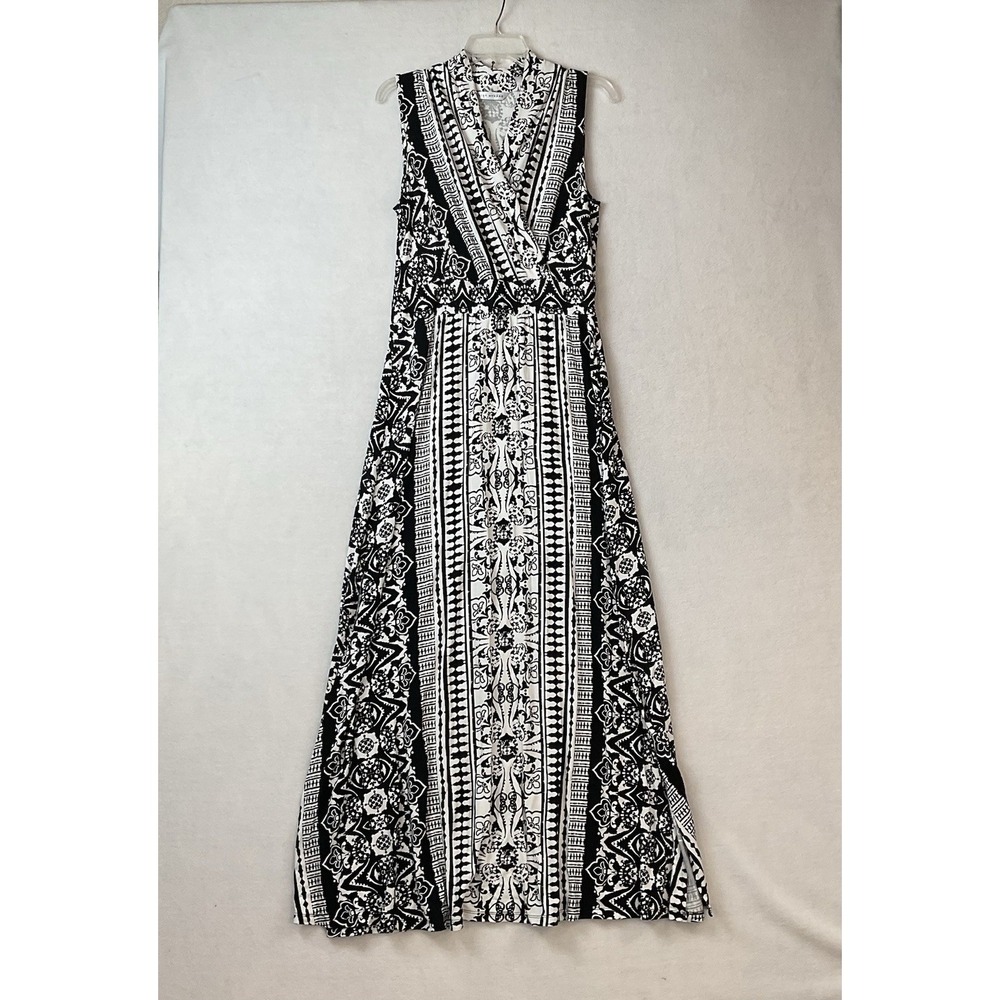 Peter Nygard Maxi Dress Womens 12 Black White Sleeveless Side Slits Knit
